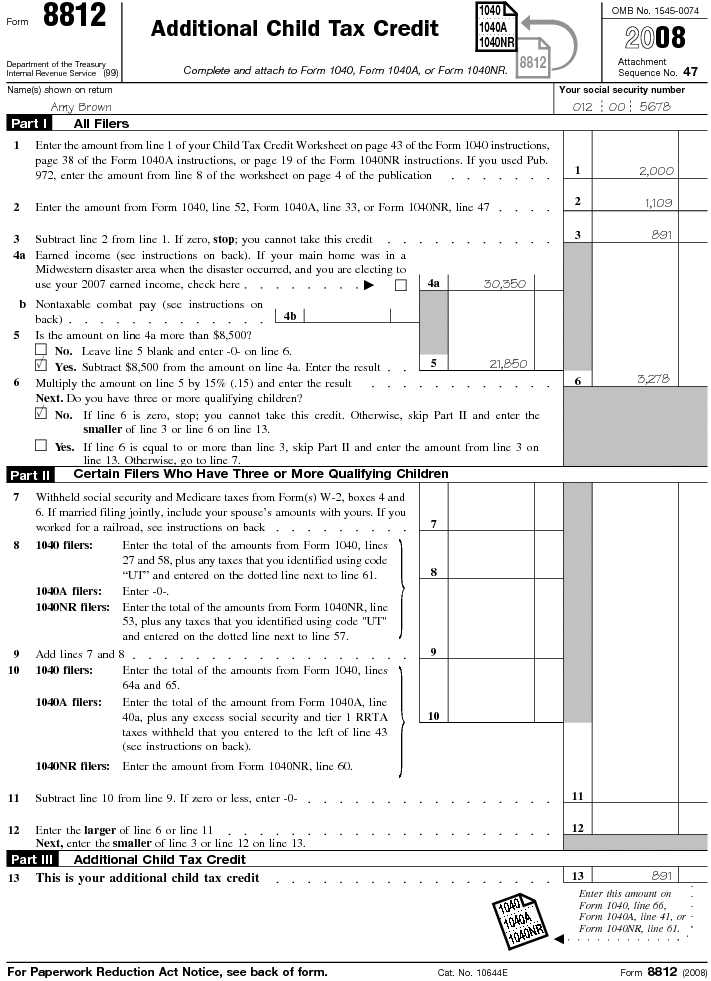 Form 8812 Additional Child Tax Credit 2008