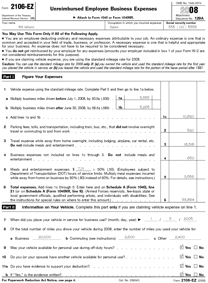 Form 2106-EZ Unreimbursed Employee Business Expenses 2008