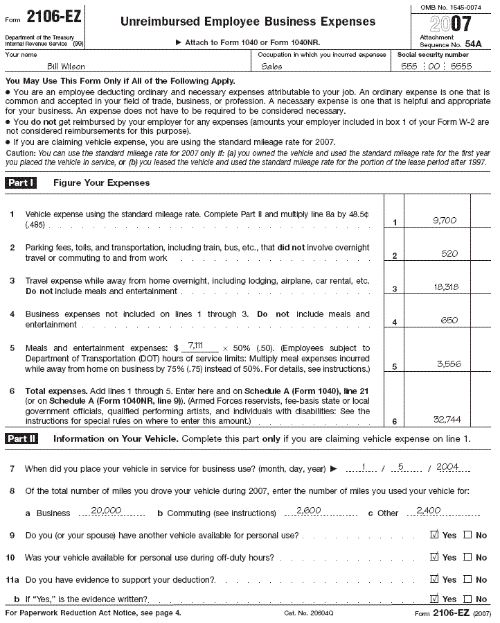 Form 2106-EZ for Bill Wilson