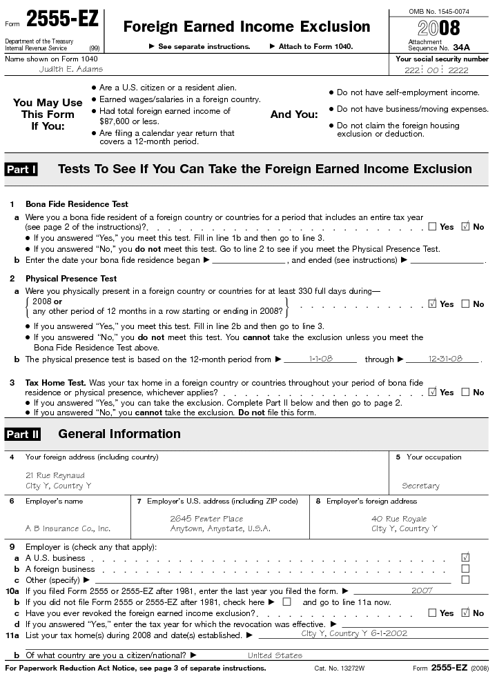 Form 2555-EZ Foreign Earned Income Exclusion 2008