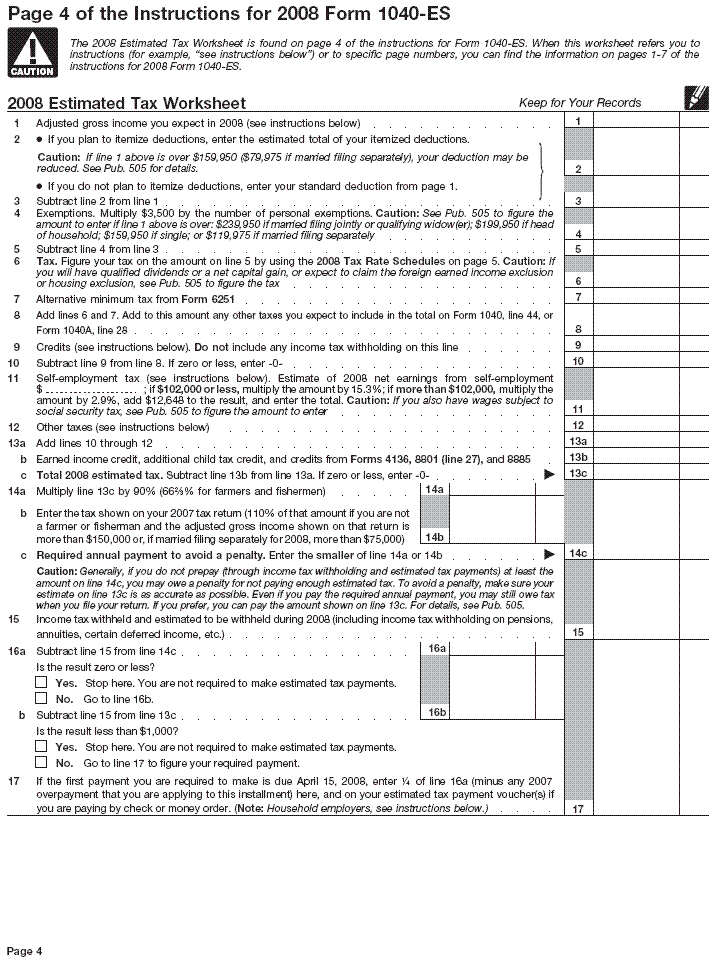 2008 Estimated Tax Worksheet