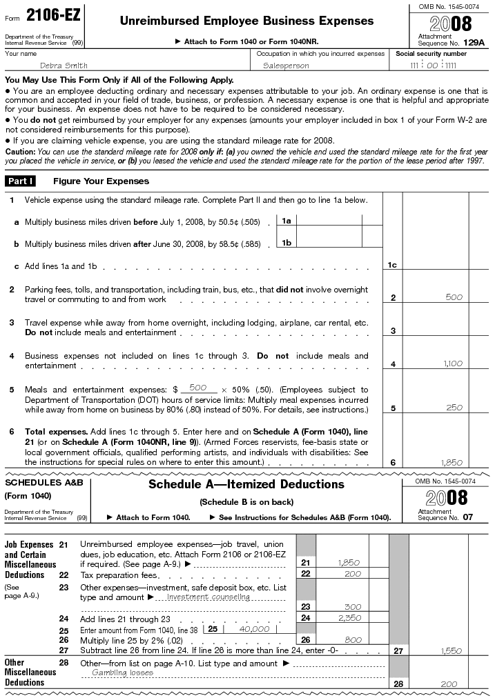 Form 2106-EZ, Unreimbursed Employee Business Expenses and Schedule A—Itemized Deductions, for 2008