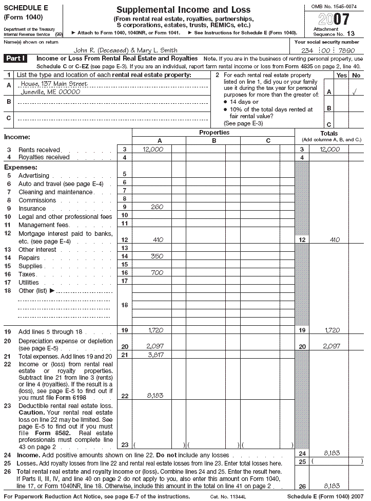 Schedule E (Form 1040) for John R. Smith