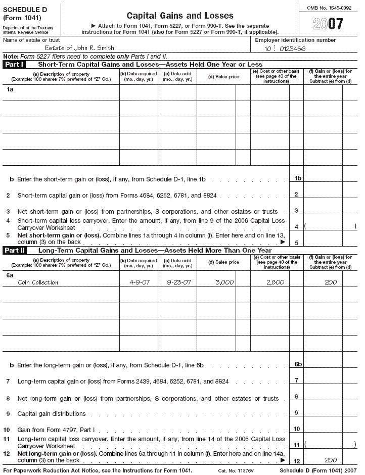 Page 1 of Schedule D (Form 1041) for the estate of John R. Smith