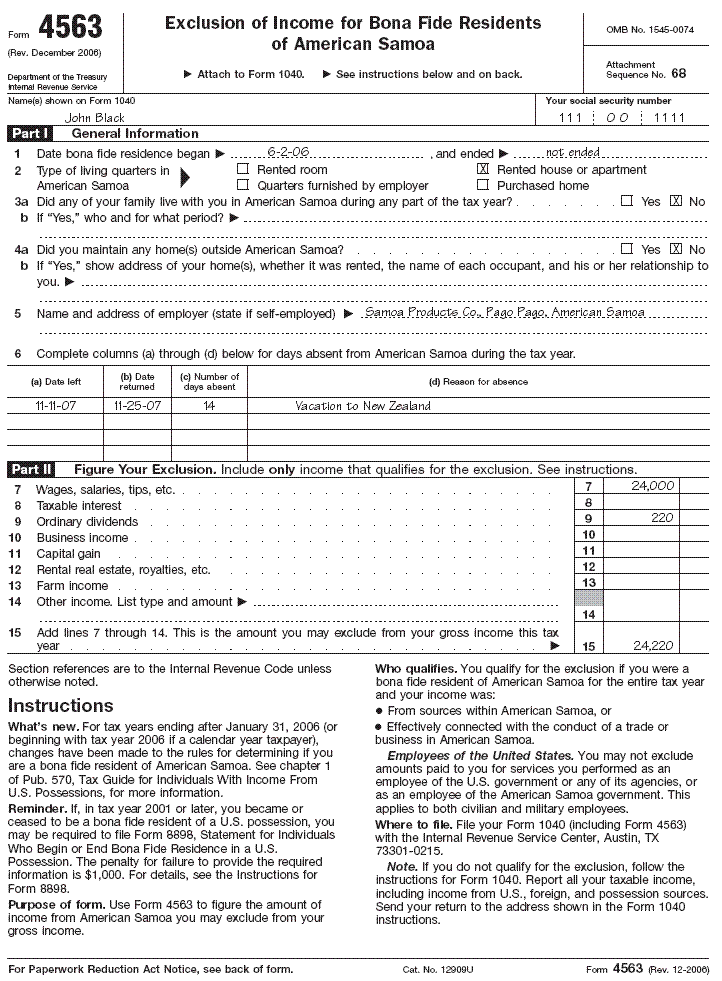 Form 4563, page 1 for John Black