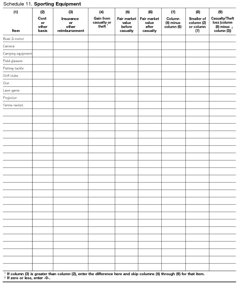 Schedule 11. Sporting Equipment