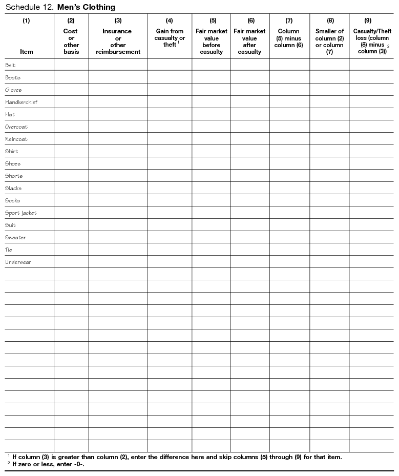 Schedule 12. Men's Clothing