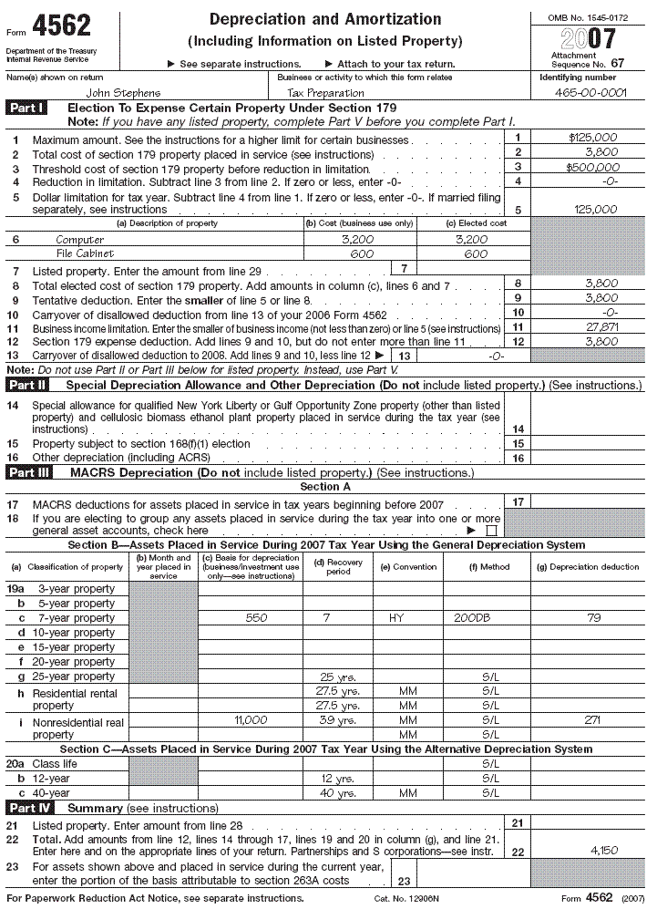 John Stephen's—Form 4562