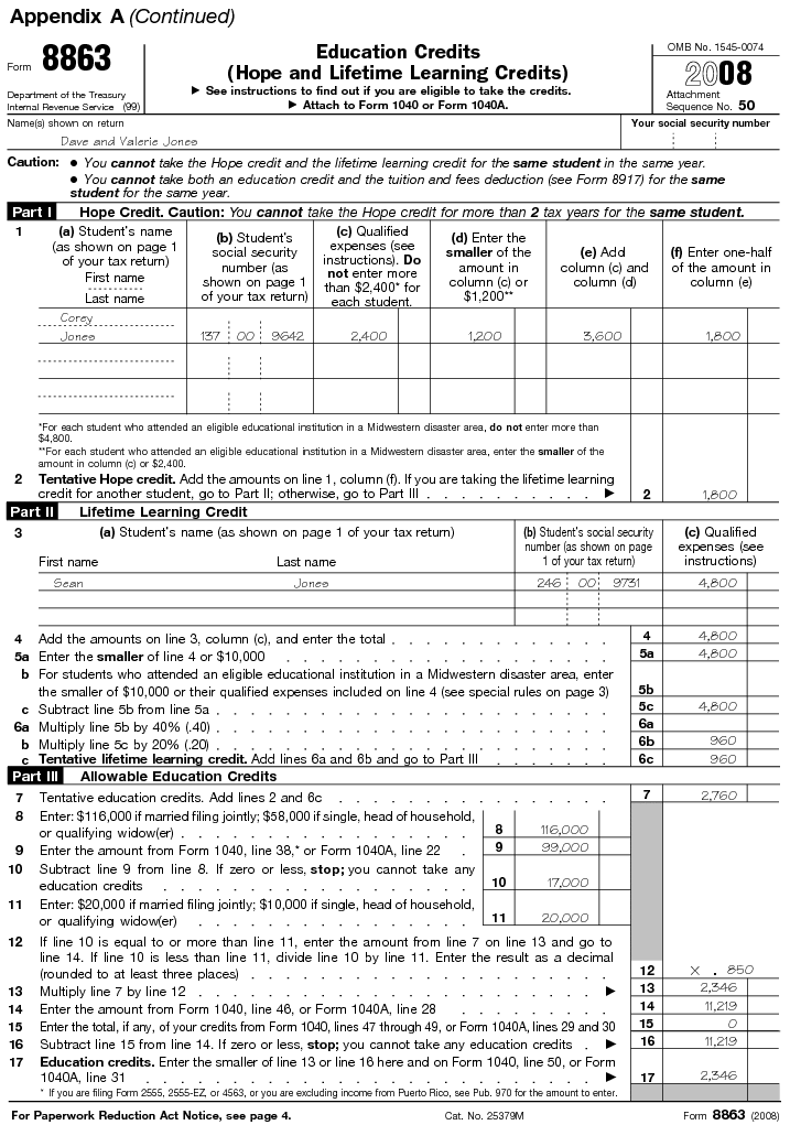 Appendix A (Continued)--Form 8863 Education Credits (Hope and Lifetime Learning Credits) 2008