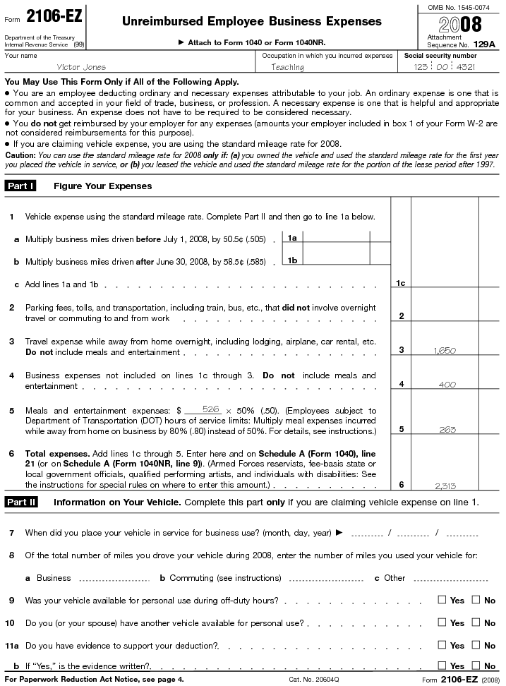 Form 2106-EZ Unreimbursed Employee Business Expenses 2008