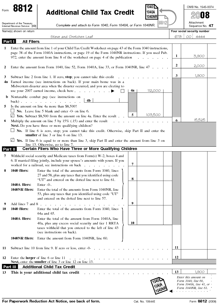 Form 8812 Additional Child Tax Credit 2008