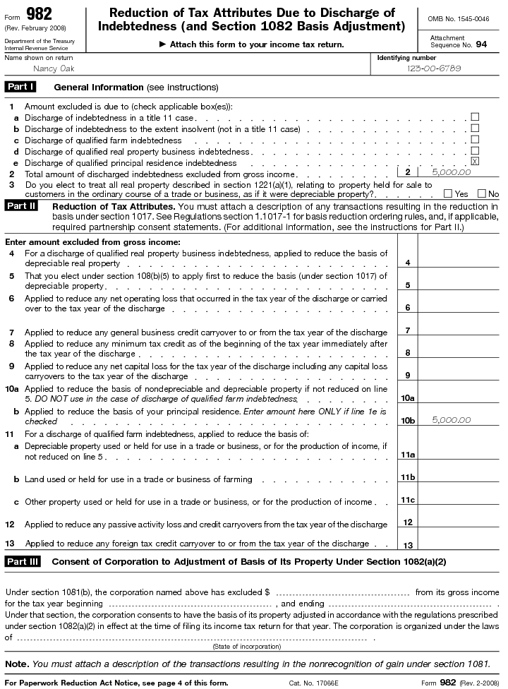 Form 982 Reduction of Tax Attributes Due to Discharge of Indebtedness (and Section 1082 Basis Adjustment)