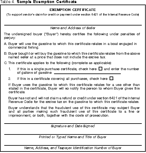 Table 4. Sample Exemption Certificate