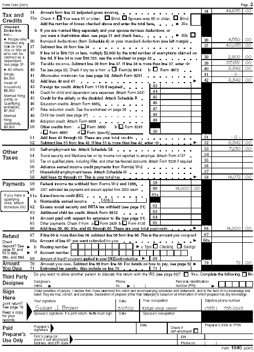 Page 2 of Form 1040 for Susan J. Brown