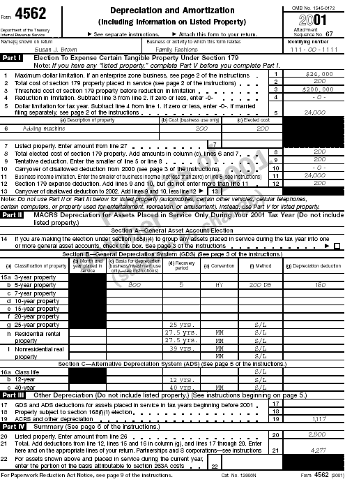 Page 1 of Form 4562 for Susan J. Brown