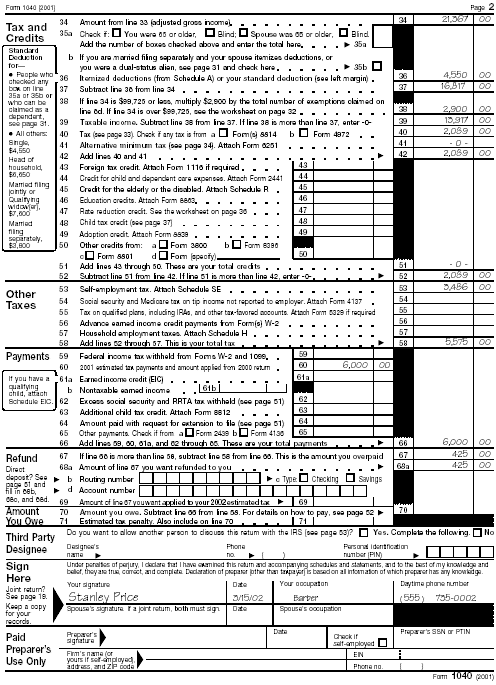 Page 2 of Form 1040 for Stanley Price