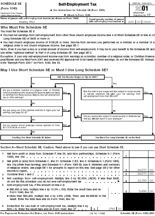 Page 1 of Schedule SE (Form 1040) for Stanley Price