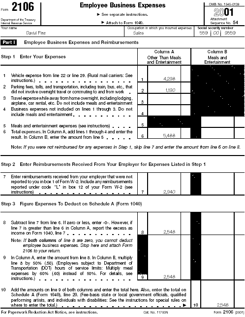 Form 2106, Page 1, for David Pine