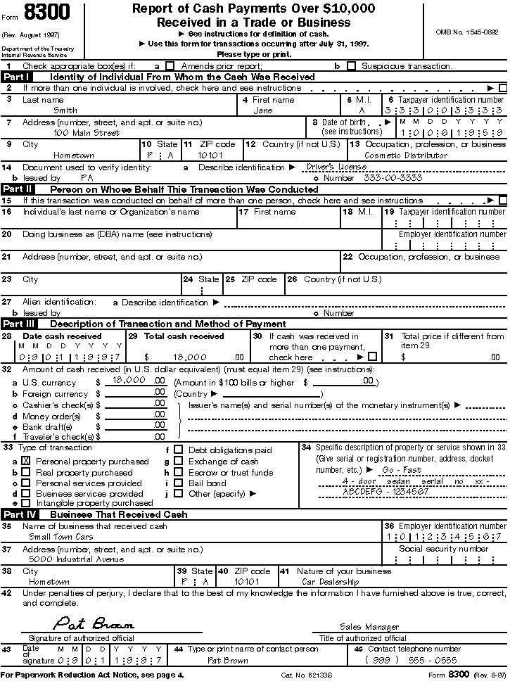  Filled-In Form 8300