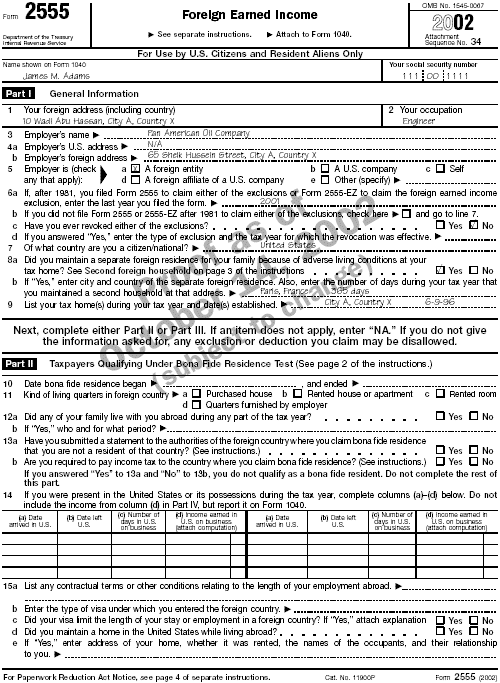 Form 2555, page 1 for James Adams