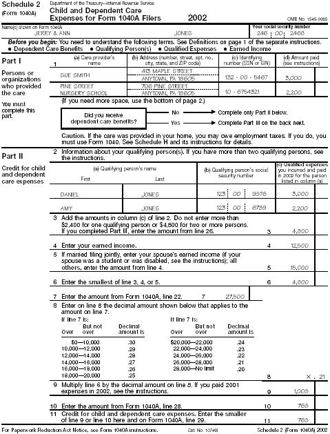 Schedule 2 (Form 1040A) for Jerry and Ann Jones