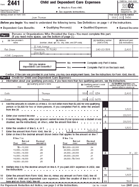 Page 1 of Form 2441 for Joan Thomas