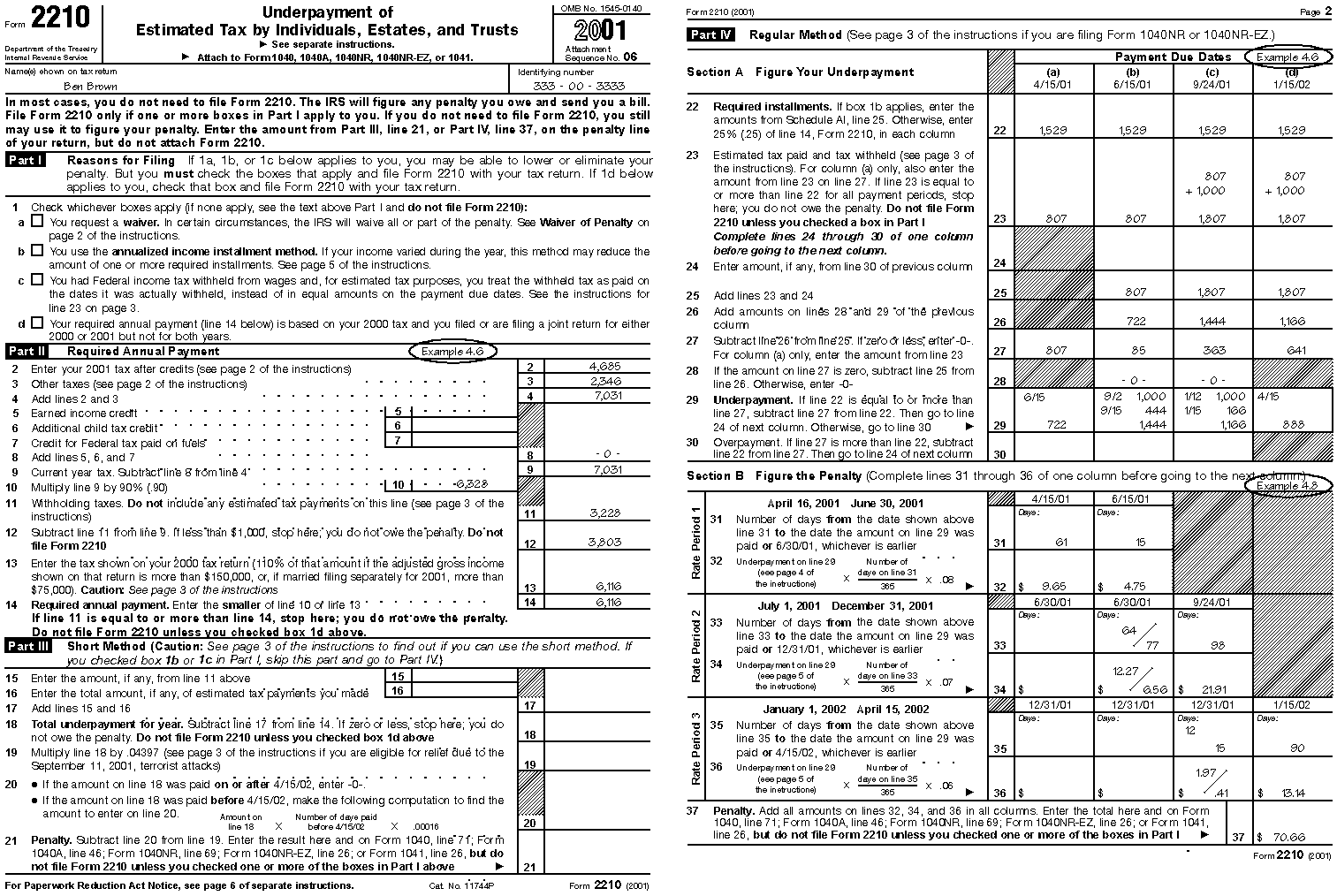 Form 2210 for Ben Brown (Example 4.6); Form 2210, page 2 (Example 4.6 continued and Example 4.8)Form: 2210 Filled-in examples