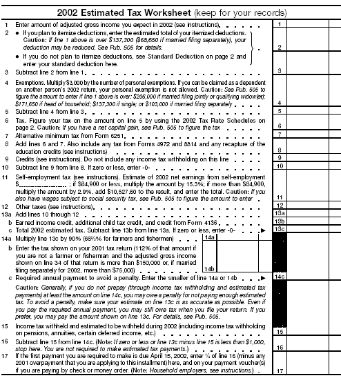 Blank 2001 Estimated Tax WorksheetForm: 1040–ES Blank worksheet