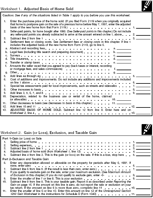 Worksheet 1. Adjusted Basis of Home Sold and Worksheet 2. Gain (or Loss), Exclusion and Taxable Gain