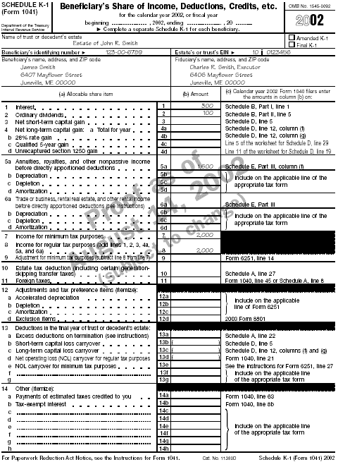 Schedule K-1 (Form 1041) for the estate of John R. Smith