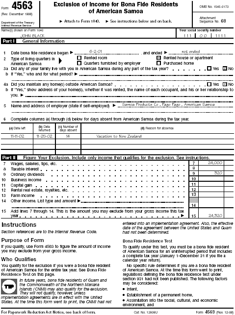 Form 4563, page 1 for John Black