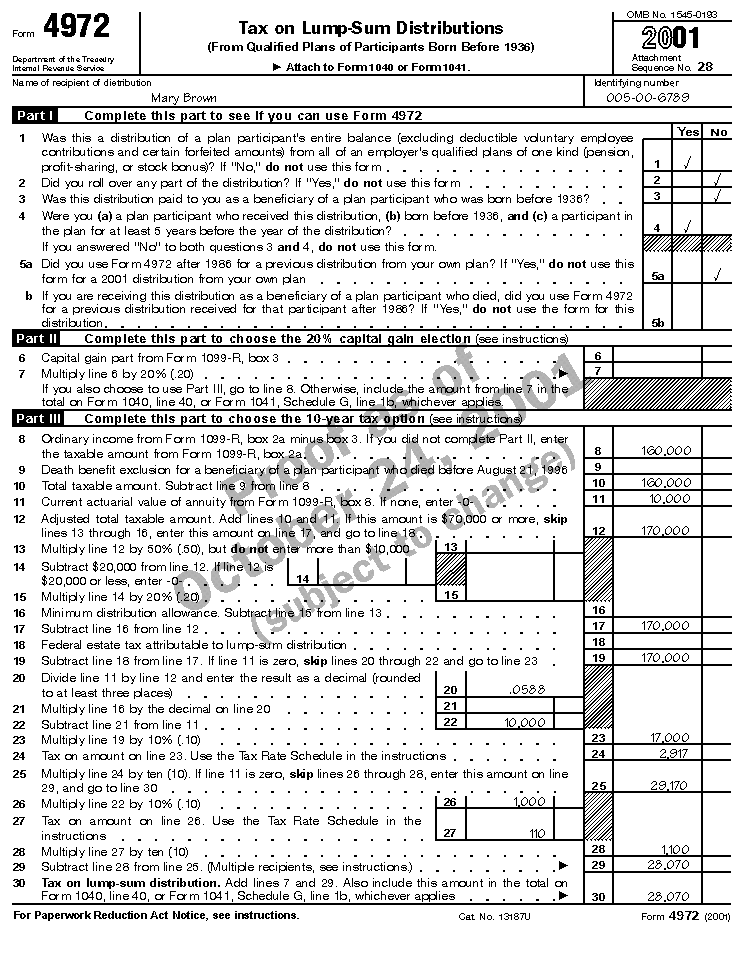 Page 1 of illustrated Form 4972 for Mary Brown