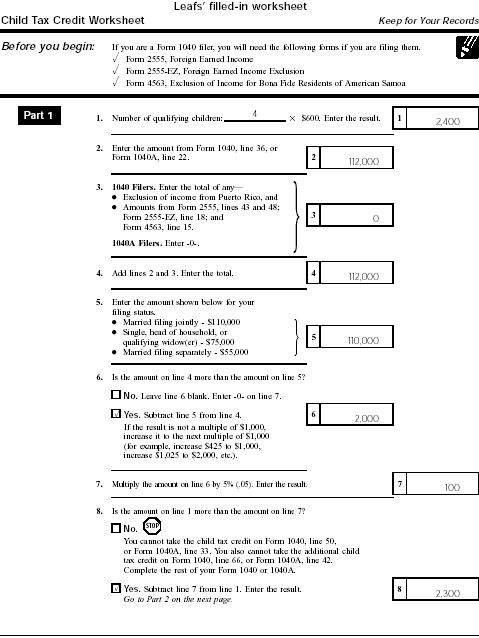 Leaf's Child Tax Credit Worksheet page 1