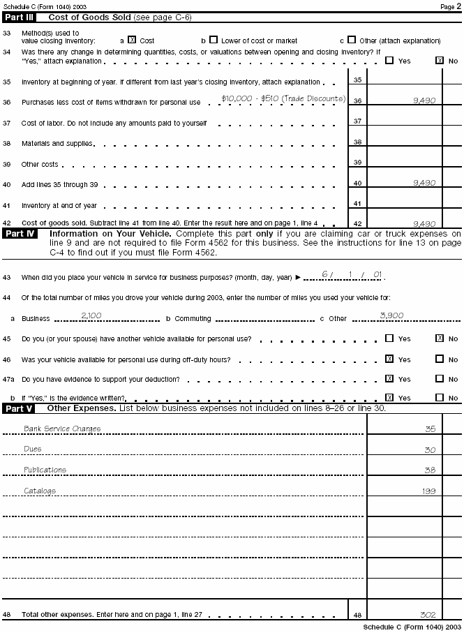 schedule c (form 1040), page 2, for kathleen woods