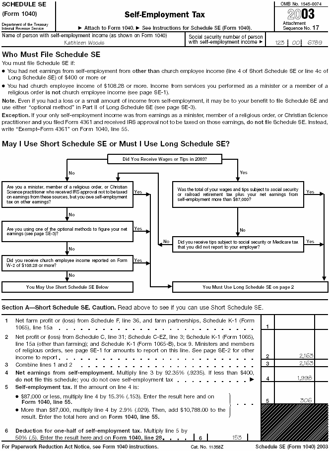 schedule se (form 1040), page 1, for kathleen woods