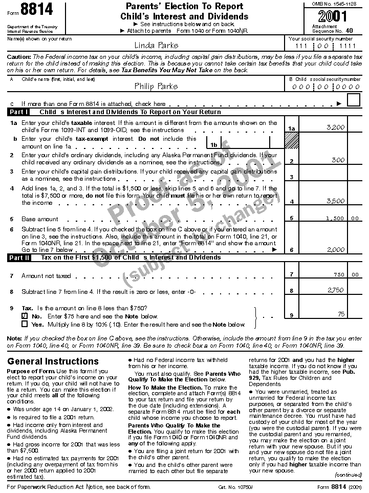 Filled-in Form 8814 for Linda Parks Form: 8814