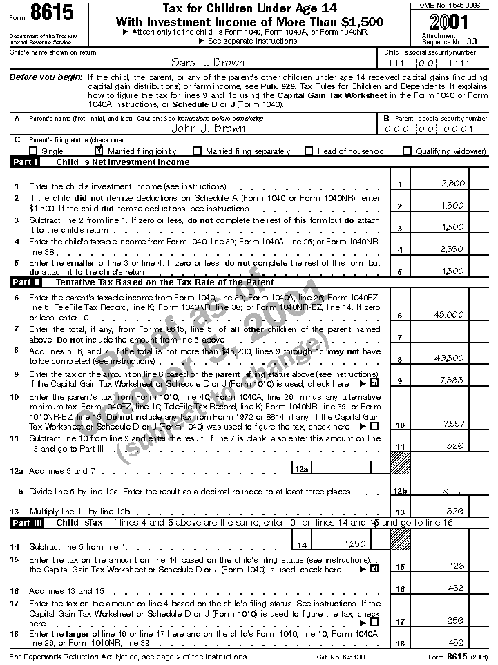 Form 8615 for Sara L. Brown