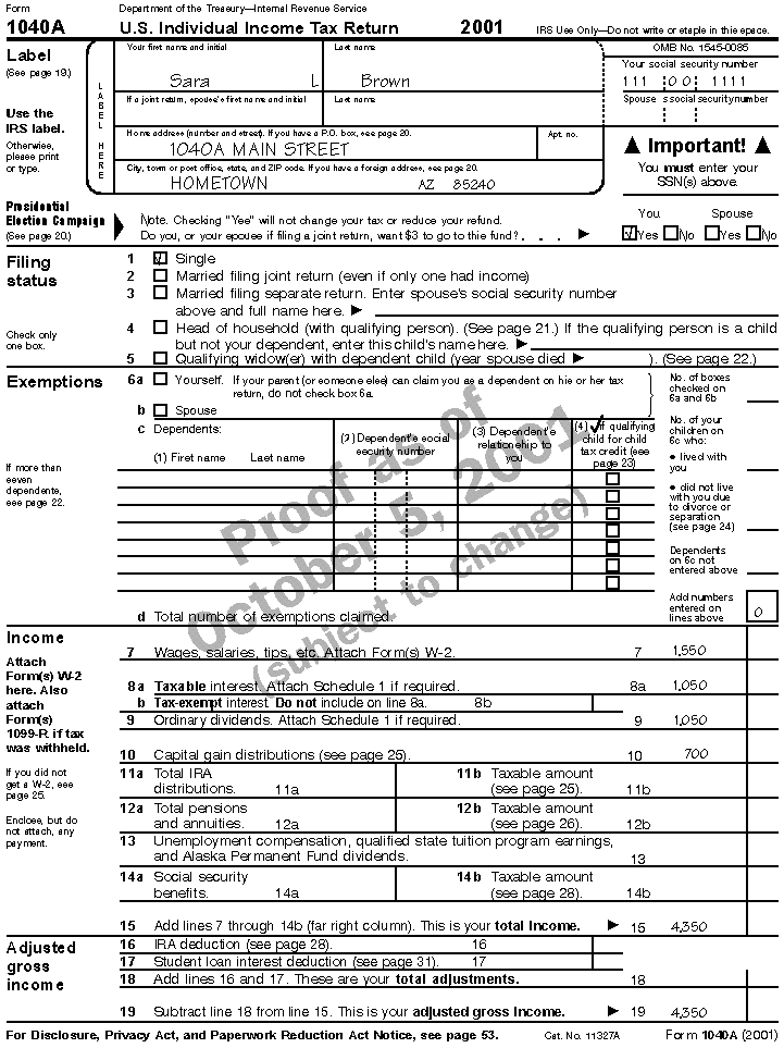 Form 1040A, page 1, for Sara L. Brown