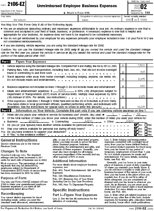 Form 2106–EZ, Page 1, for Bill WilsonForms: 2106–EZ