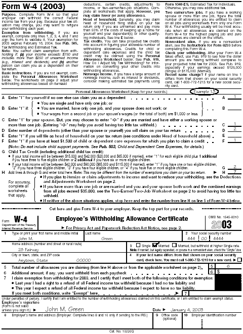 Filled-in Form W–4, page 1 