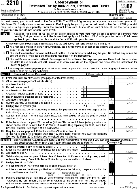 Form 2210 for Ivy Fields (Examples 4.4 and 4.5)Form: 2210 Filled-in examples