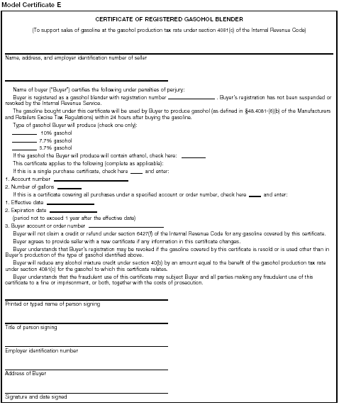 Model Certificate E