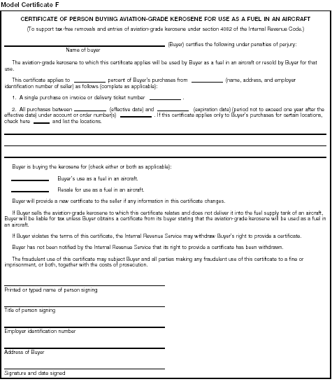 Model Certificate F