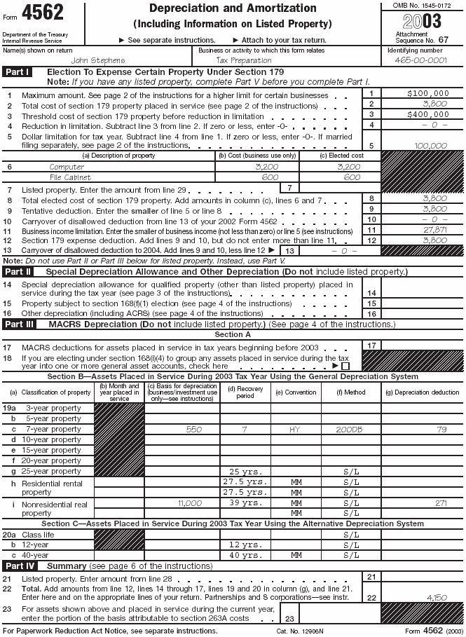 John Stephen's—Form 4562