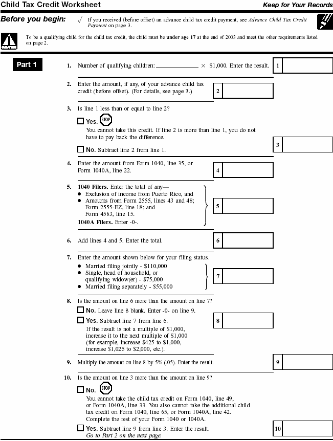 Child Tax Credit Worksheet. page 1