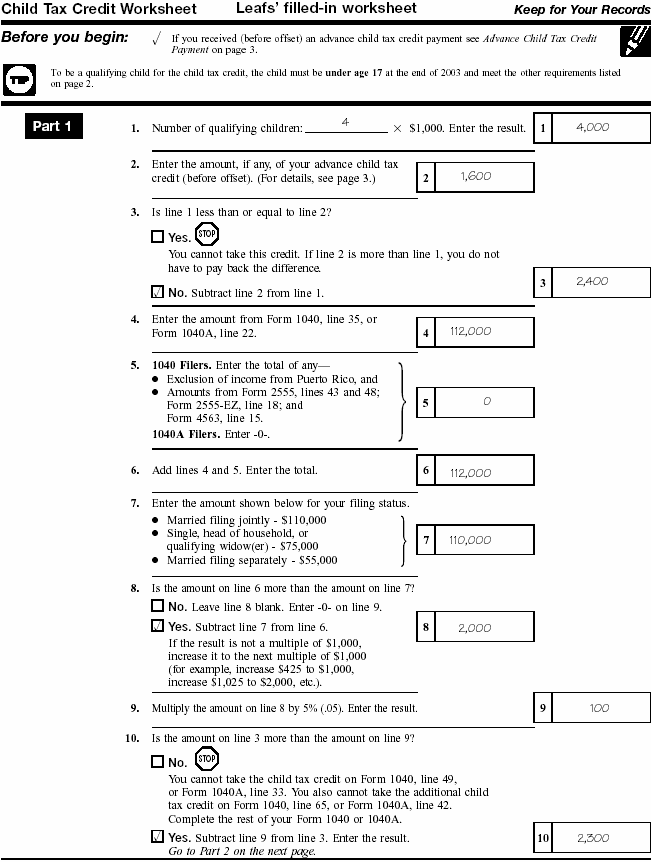 Leaf's Child Tax Credit Worksheet page 1