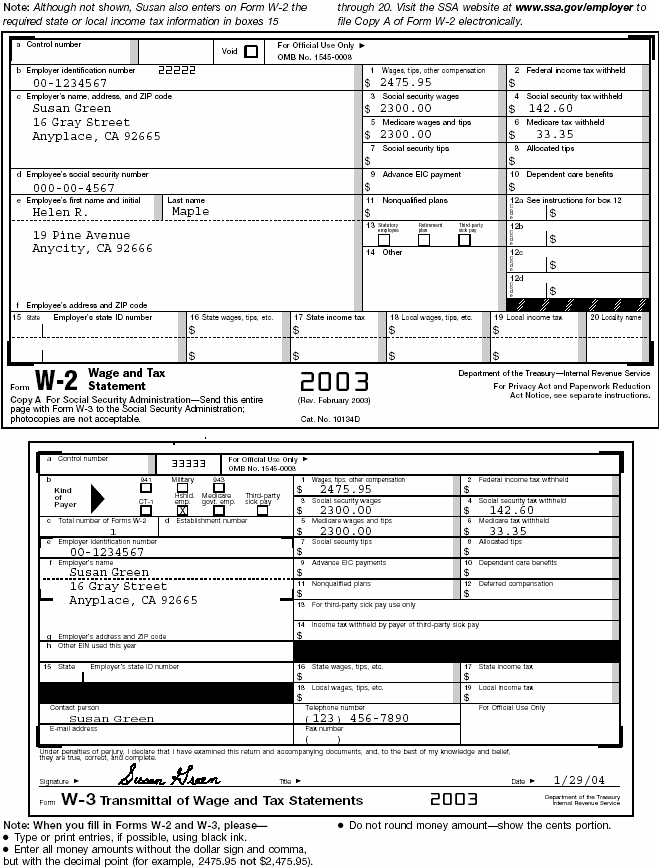 Sample of Partially Completed Schedule H and Part I of Form W-3