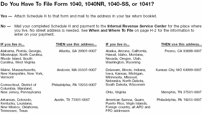 Schedule H Filing Addresses