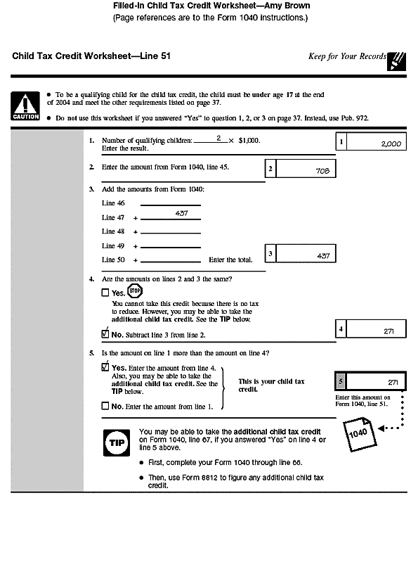 Filled-in child tax credit worksheet for Amy Brown