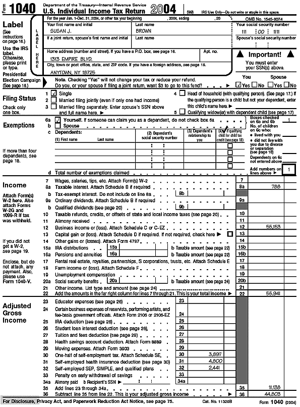 Page 1 of Form 1040 for Susan J. Brown